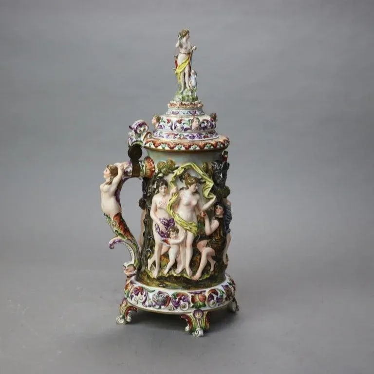 Oversized Antique Majolica Figural Footed Tankard With Classical Scene, Circa 1890 - 3