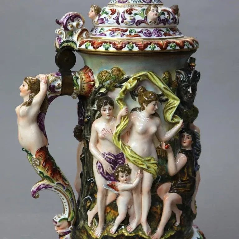 Oversized Antique Majolica Figural Footed Tankard With Classical Scene, Circa 1890 - 4