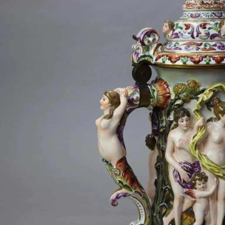 Oversized Antique Majolica Figural Footed Tankard With Classical Scene, Circa 1890 - 5