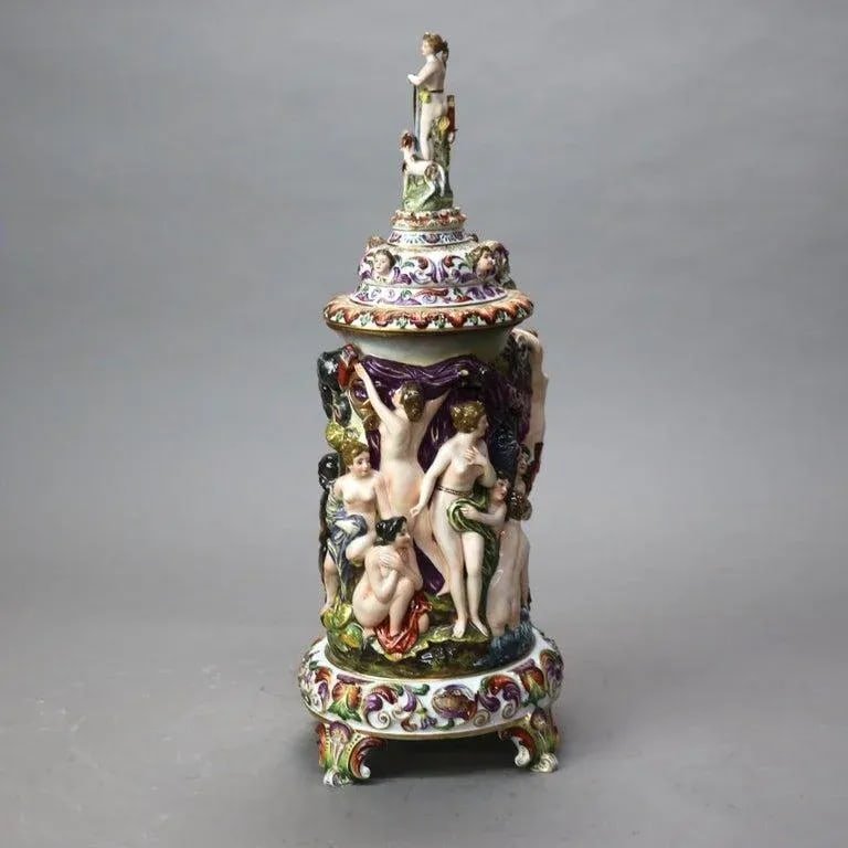 Oversized Antique Majolica Figural Footed Tankard With Classical Scene, Circa 1890 - 6