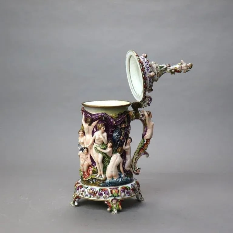 Oversized Antique Majolica Figural Footed Tankard With Classical Scene, Circa 1890 - 8
