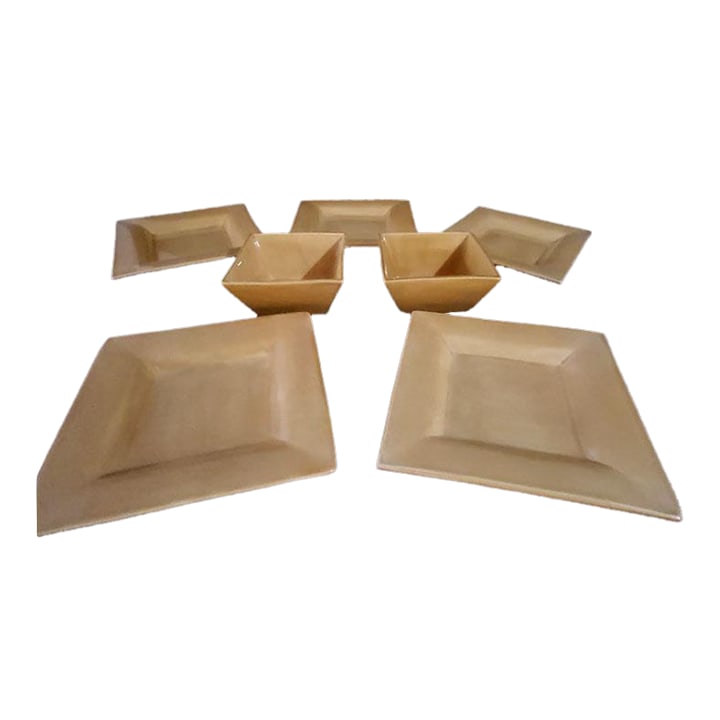 Pottery Barn Asian Square Yellow Plates & Bowls - Made in Mexico -7 PCS: Set of 5 square plates and 2 matching square bowls from Pottery Barn in the Asian Square Yellow pattern. Made in Mexico. Dishwasher & Microwave safe. Great for a chips & Salsa night! Plates 9 1/2" x