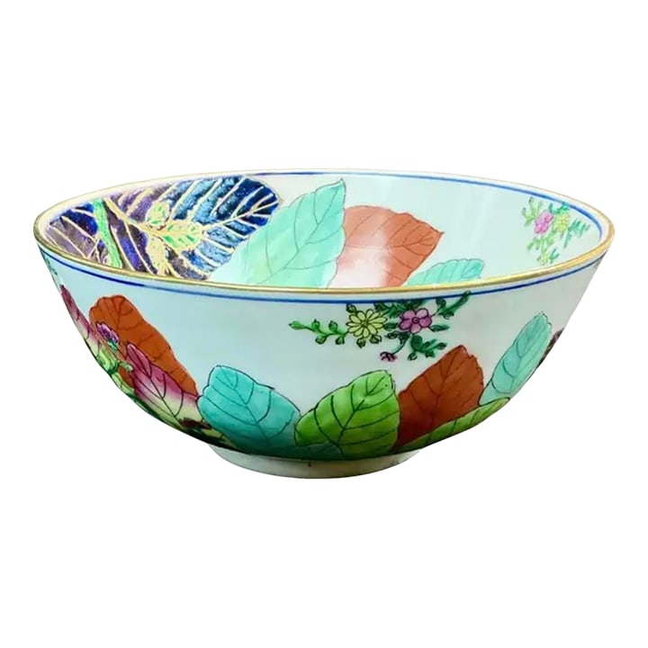 Vintage Chinese Export Tobacco Leaf Bowl With Gilt Rim: Vintage 20th Century Chinese Export Hand-Painted Tobacco Leaf Bowl with Gold Rim. Bowl features richly enameled, multicolored overlapping leaves in green, turquoise, orange, blue, and purple accented