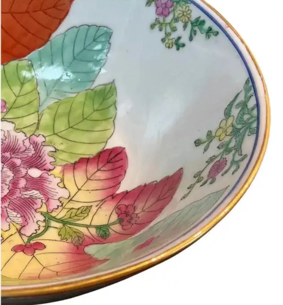 Vintage Chinese Export Tobacco Leaf Bowl With Gilt Rim - 2