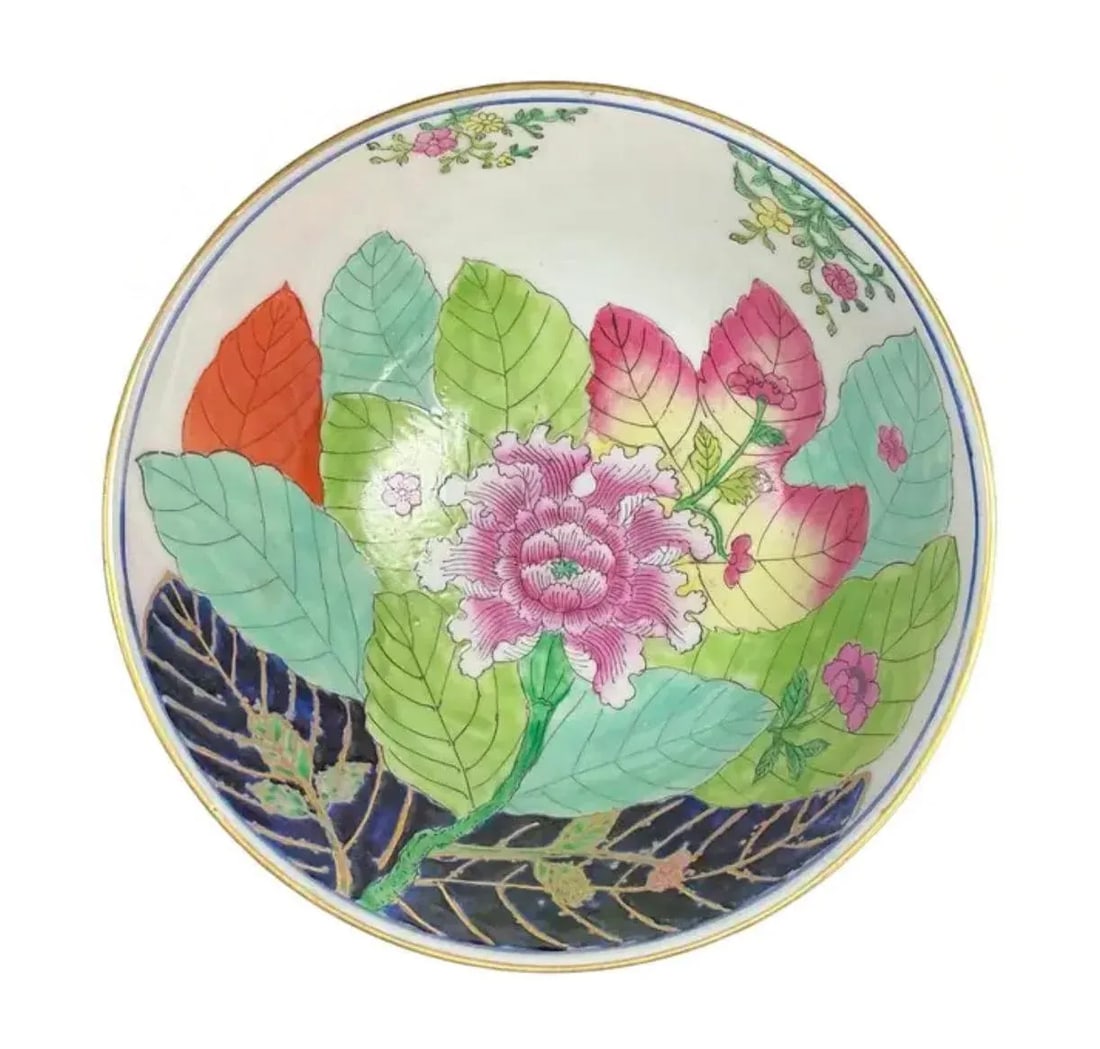 Vintage Chinese Export Tobacco Leaf Bowl With Gilt Rim - 4