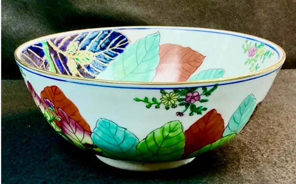 Vintage Chinese Export Tobacco Leaf Bowl With Gilt Rim - 9