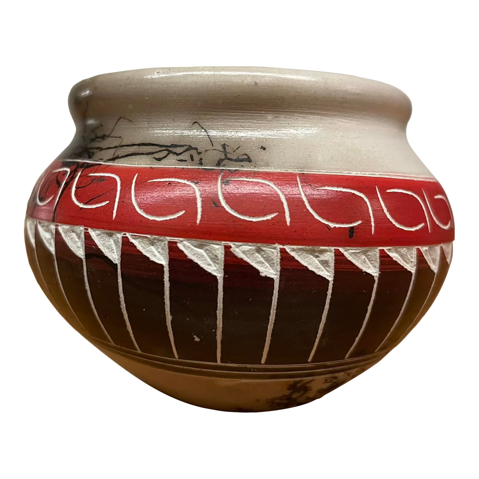 Miniature Navajo Horsehair Pottery Jar - Signed Carol Benally: A finely detailed miniature Navajo horsehair pottery jar by artist Carol Benally, signed on the underside and sold with its original certificate of authenticity. Crafted in the 1990s, this piece