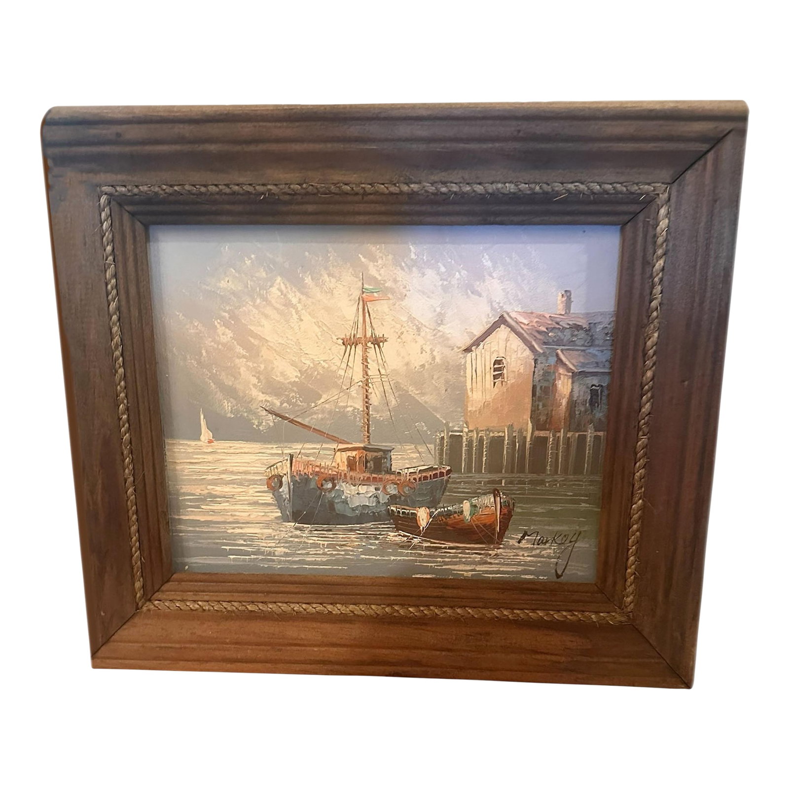 Vintage Oil on Board Harbor Scene Signed Markey: A captivating vintage oil on board painting depicting a lively harbor scene, signed by the artist Markey. The work captures the charm and movement of boats docked along the waterfront, rendered in