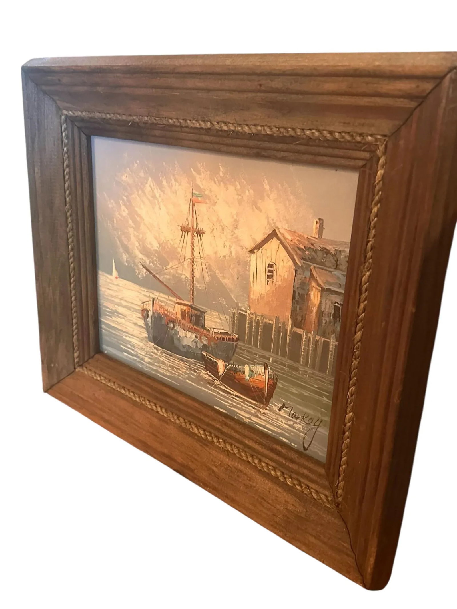Vintage Oil on Board Harbor Scene Signed Markey - 3