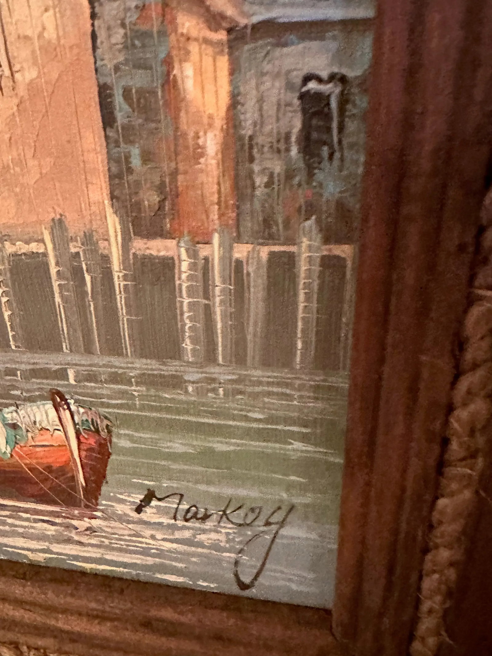 Vintage Oil on Board Harbor Scene Signed Markey - 4