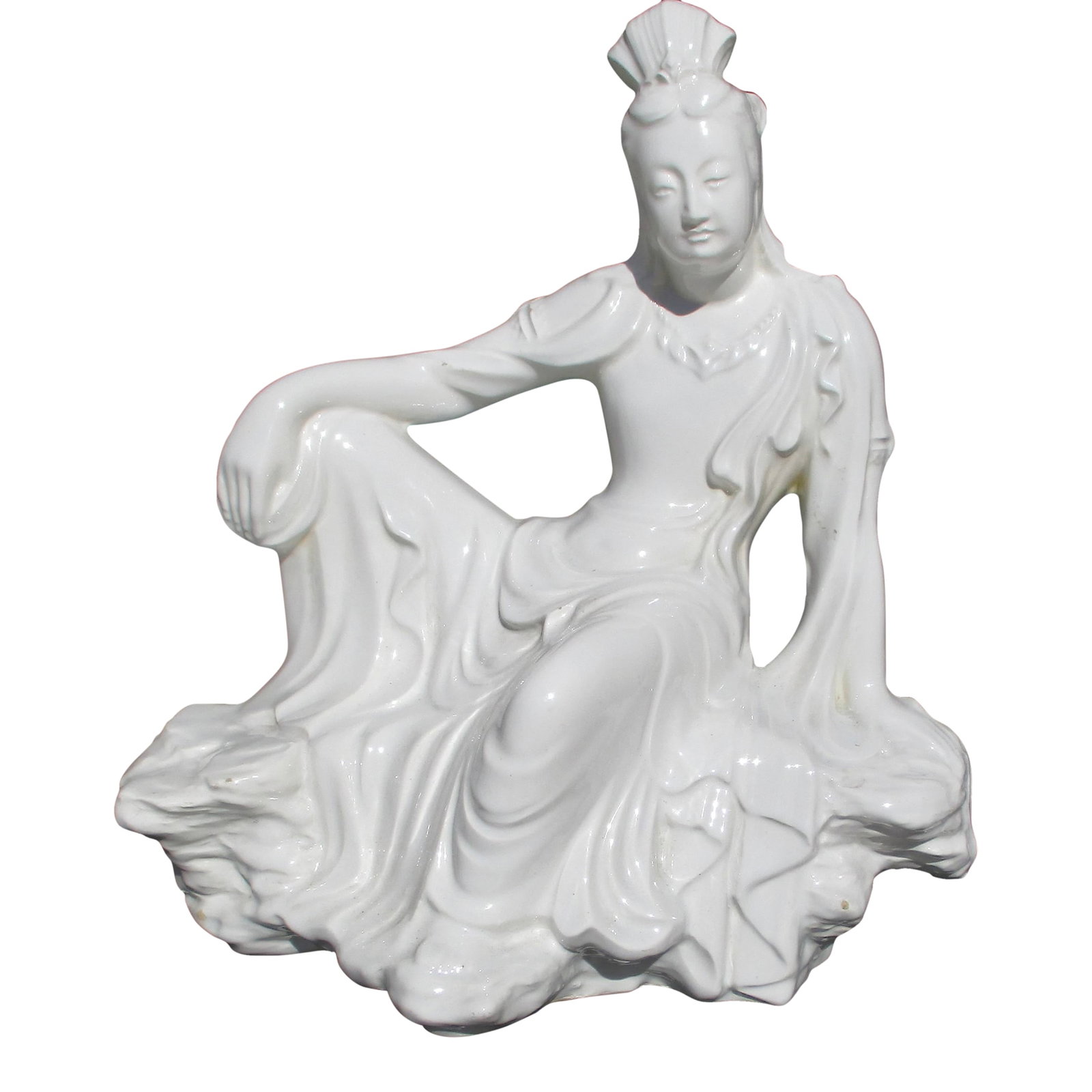 Porcelain Night Light Water Gazing Kuan Yin: Beautifully crafted porcelain figure of the Water Gazing Kuan Yin. Softly colored white to bluish color with an Edison socket in the back of the rock work seat. The serene beauty meditates on the