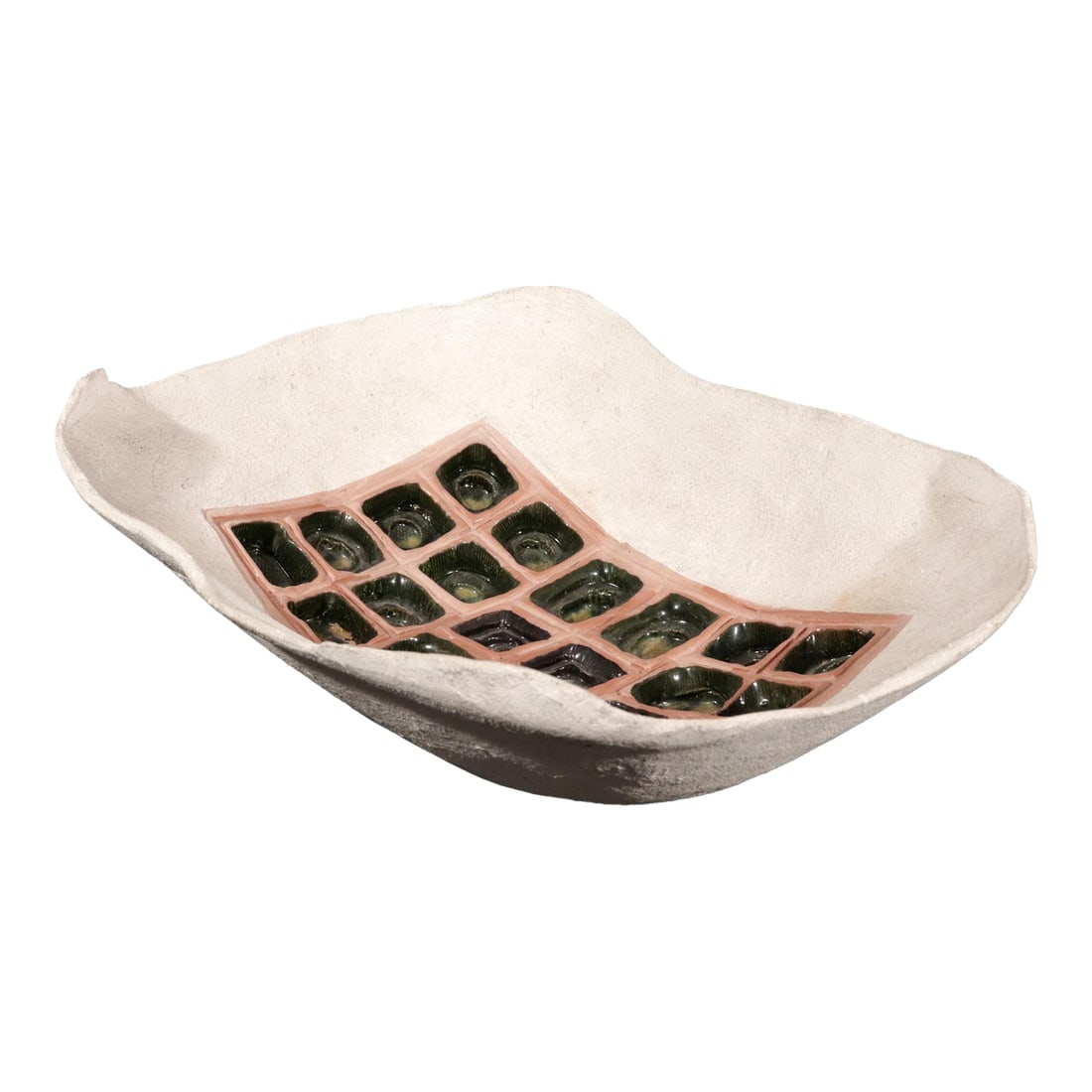American Stoneware Pottery Rectangular Bowl With Box of Chocolate Design: American Stoneware Rectangular Bowl with Chocolate Box Motif A finely crafted American stoneware bowl, distinguished by its thin-walled construction and irregular rectangular form. The exterior is