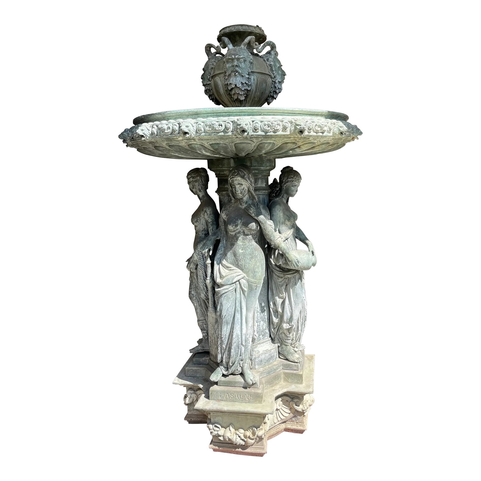 Monumental Neoclassical-Style Patinated Bronze Garden Fountain by S. Kelian: A commanding and exquisitely detailed monumental garden fountain in the Neoclassical style, crafted in patinated bronze and richly ornamented with classical and mythological elements. The octagonal