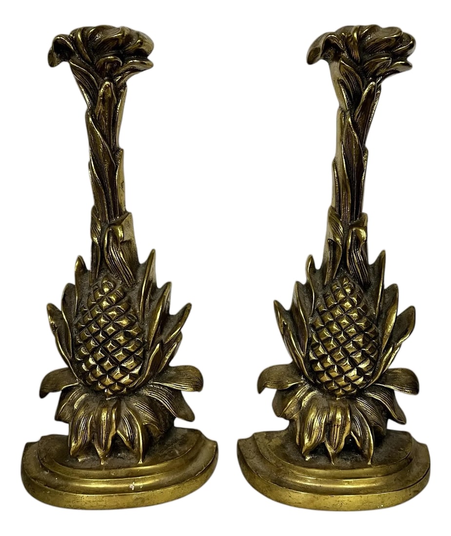 Vintage Pineapple Bookend - A Pair: Vintage brass pineapple bookends. Monumental size Mmeasureing 7" w x 3" d x 14" h Condition: Alterations: Original Condition Unaltered Imperfections: Some Imperfections Condition Notes: Some tarnish.