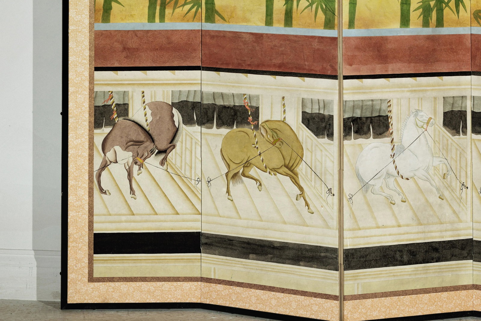 Six-Panel Japanese Inspired Screen with Horses in Stable with Bamboo Backdrop - 10