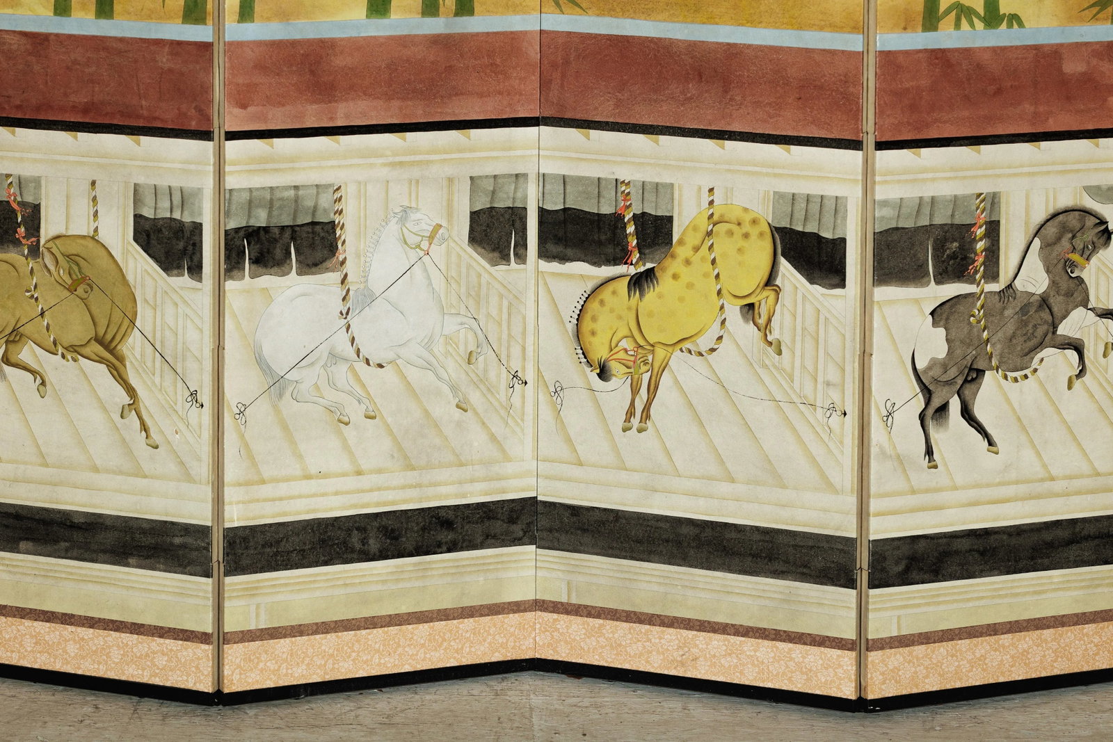 Six-Panel Japanese Inspired Screen with Horses in Stable with Bamboo Backdrop - 11