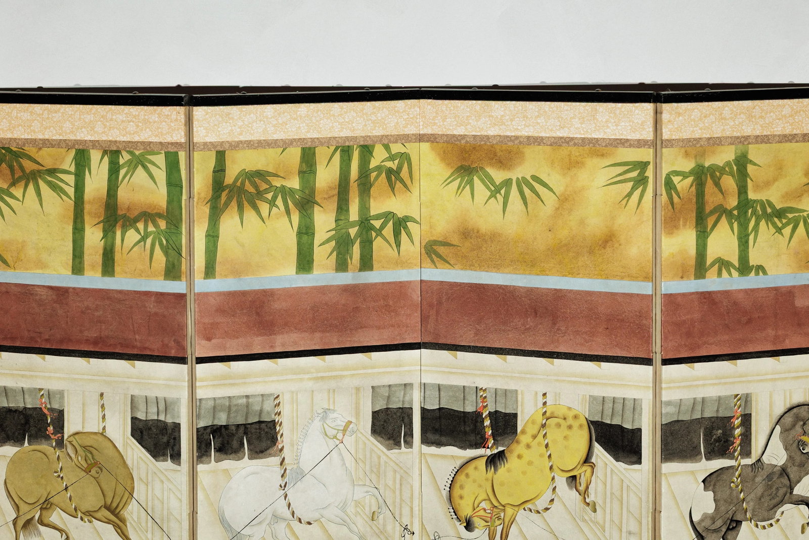 Six-Panel Japanese Inspired Screen with Horses in Stable with Bamboo Backdrop - 12