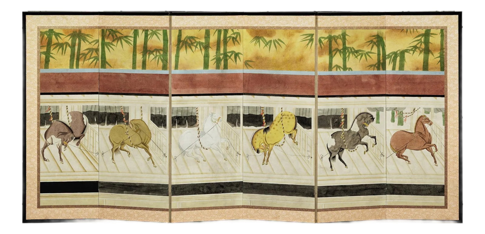 Six-Panel Japanese Inspired Screen with Horses in Stable with Bamboo Backdrop (1 of 12)