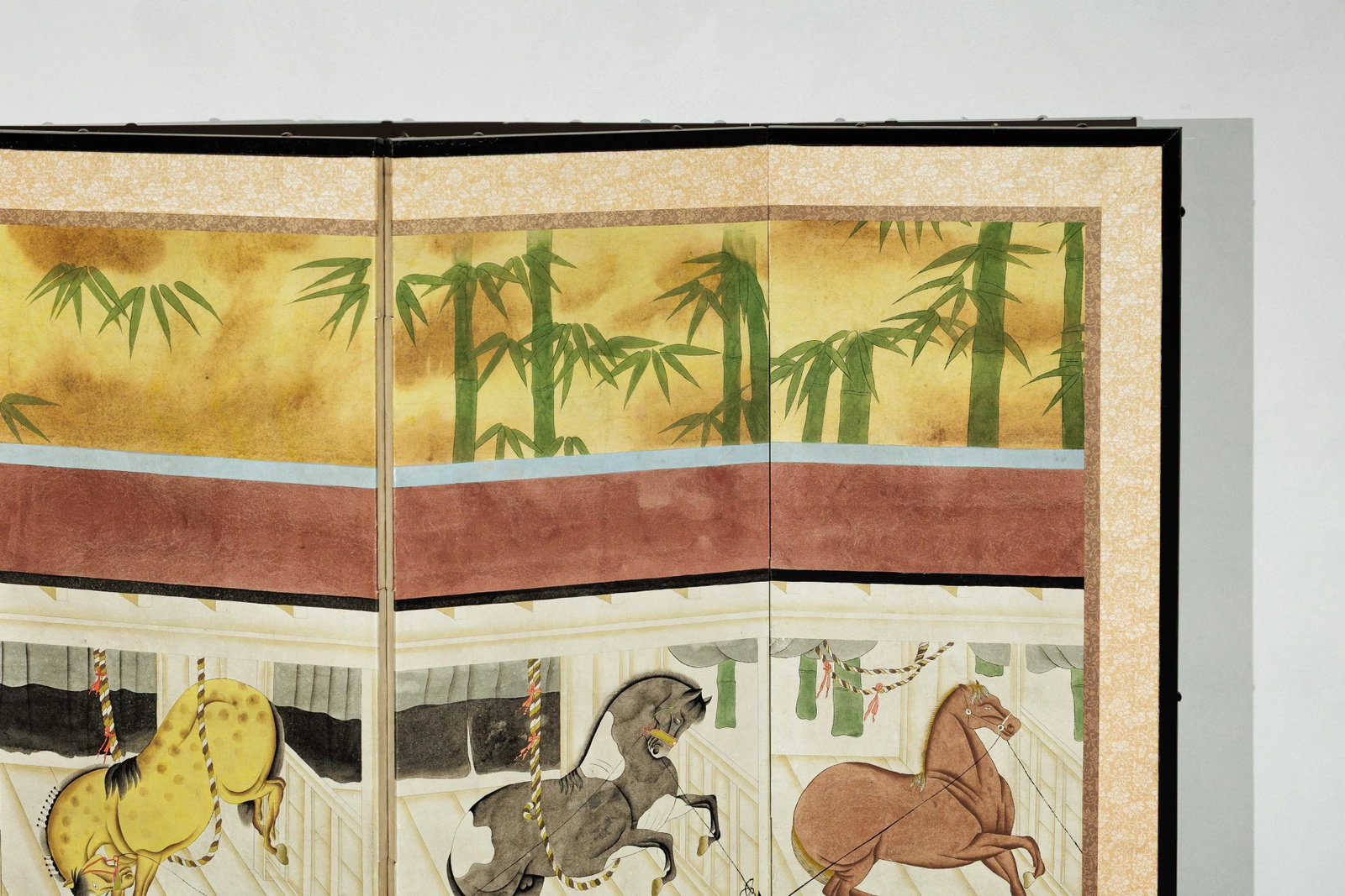 Six-Panel Japanese Inspired Screen with Horses in Stable with Bamboo Backdrop - 2
