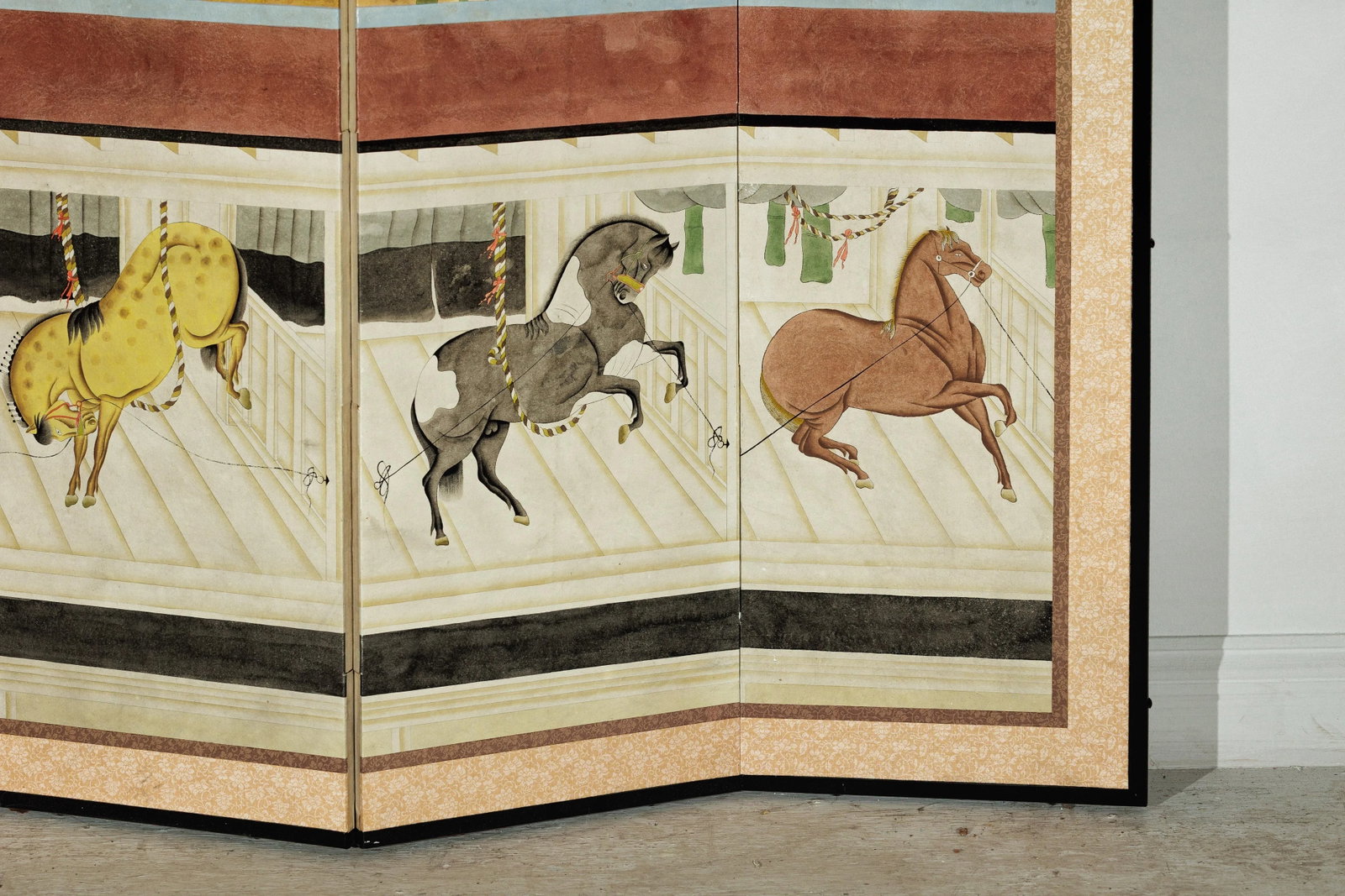 Six-Panel Japanese Inspired Screen with Horses in Stable with Bamboo Backdrop - 3