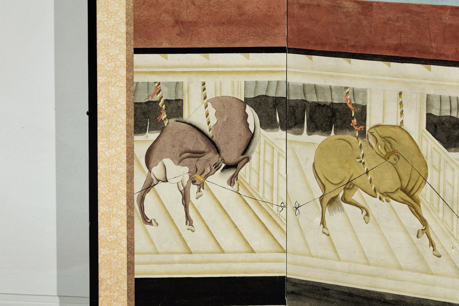 Six-Panel Japanese Inspired Screen with Horses in Stable with Bamboo Backdrop - 4