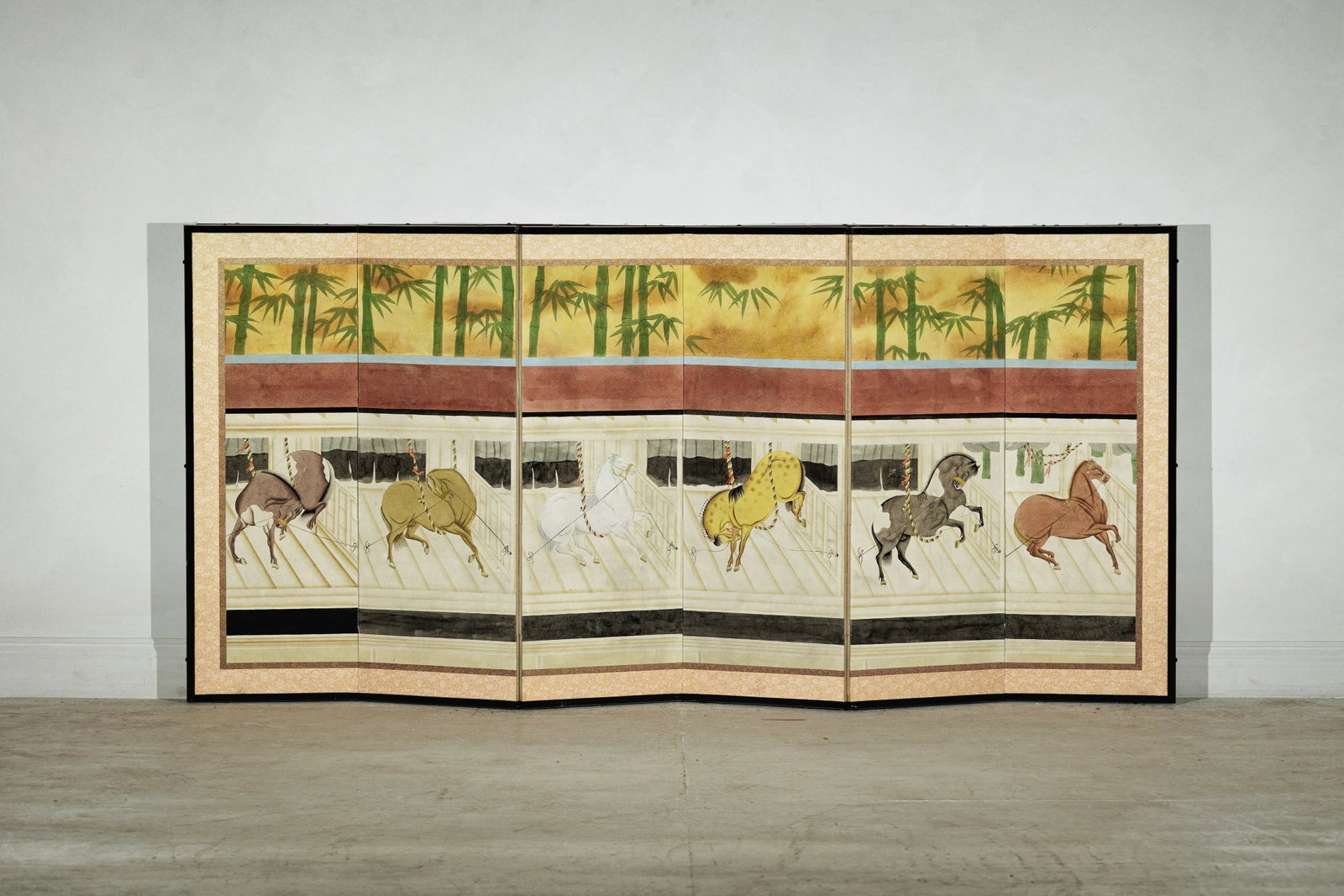 Six-Panel Japanese Inspired Screen with Horses in Stable with Bamboo Backdrop - 5