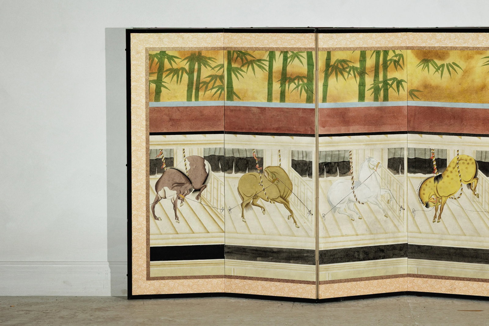 Six-Panel Japanese Inspired Screen with Horses in Stable with Bamboo Backdrop - 6
