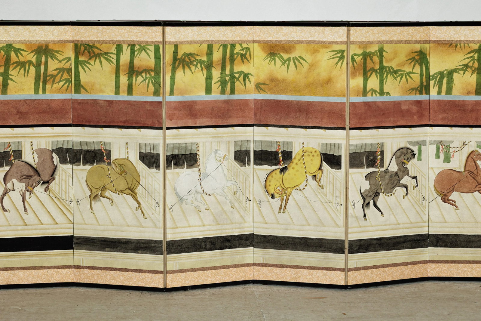 Six-Panel Japanese Inspired Screen with Horses in Stable with Bamboo Backdrop - 8
