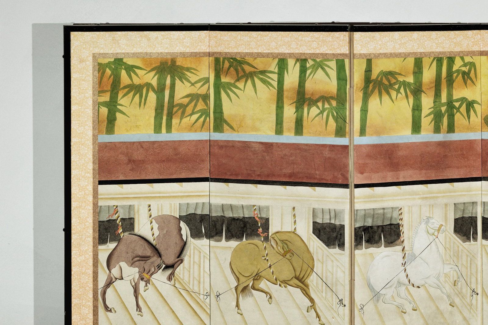 Six-Panel Japanese Inspired Screen with Horses in Stable with Bamboo Backdrop - 9