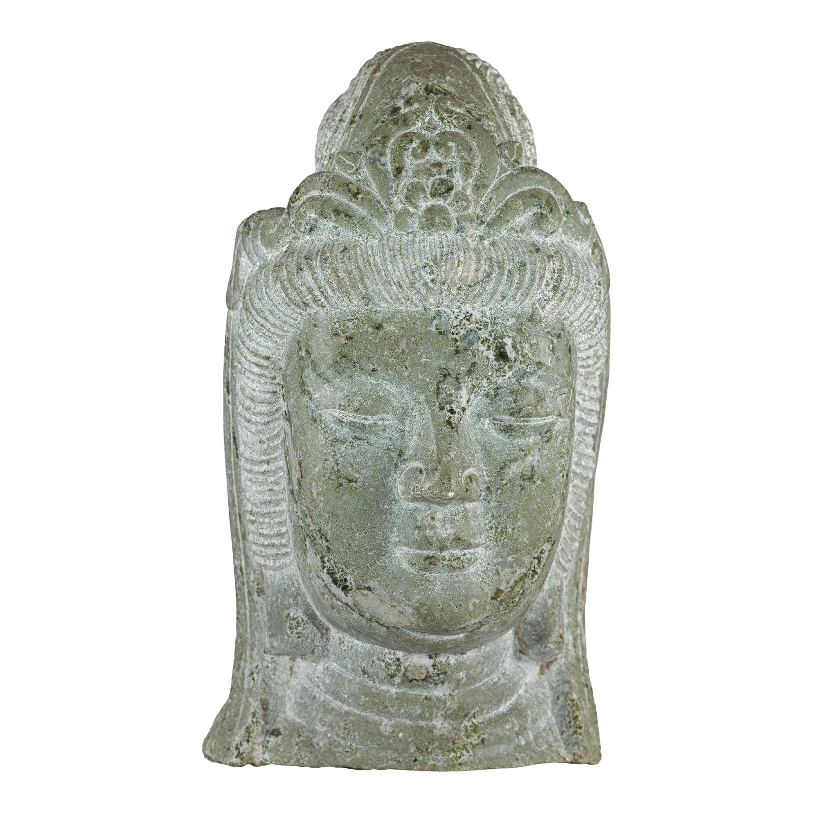 Hand-Carved Vintage Chinese Stone QuÃ¡n YÄ«n Head Sculpture with Natural Patina: This vintage stone QuÃ¡n YÄ«n head sculpture, hand-carved in mid-20th-century China, captures the Bodhisattva of Compassion in serene repose. Rising 18"³ high atop a gently