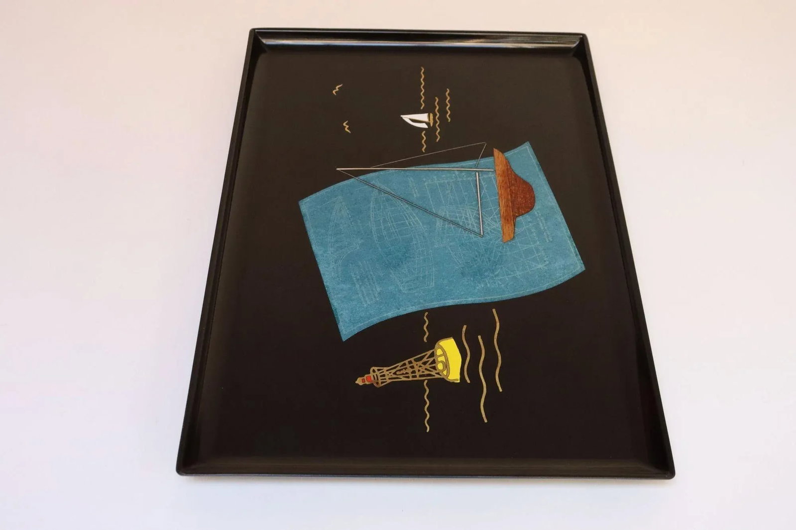 Large Mid-Century Black Resin Tray With Inlaid Sailboats and Lighthouse Motif - 4