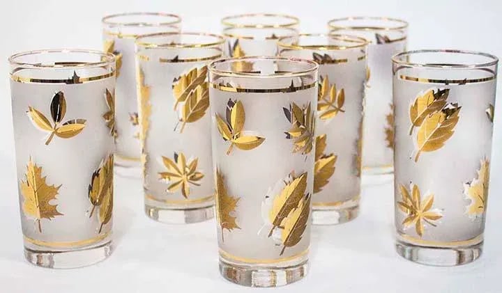 Mid-Century Modern Libbey Golden Foliage Glasses With Caddy - Set of 8 - 2