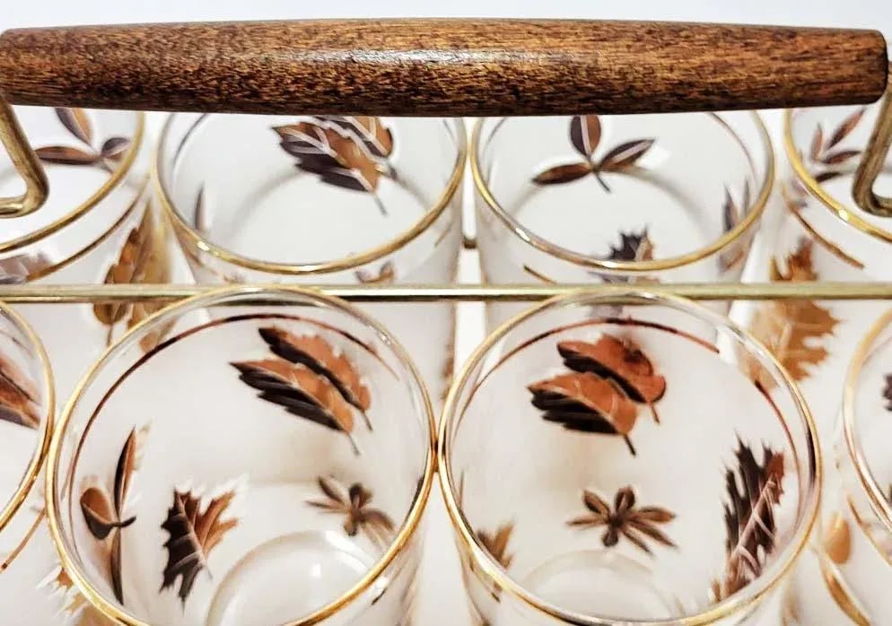 Mid-Century Modern Libbey Golden Foliage Glasses With Caddy - Set of 8 - 3