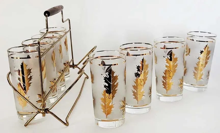 Mid-Century Modern Libbey Golden Foliage Glasses With Caddy - Set of 8 - 5