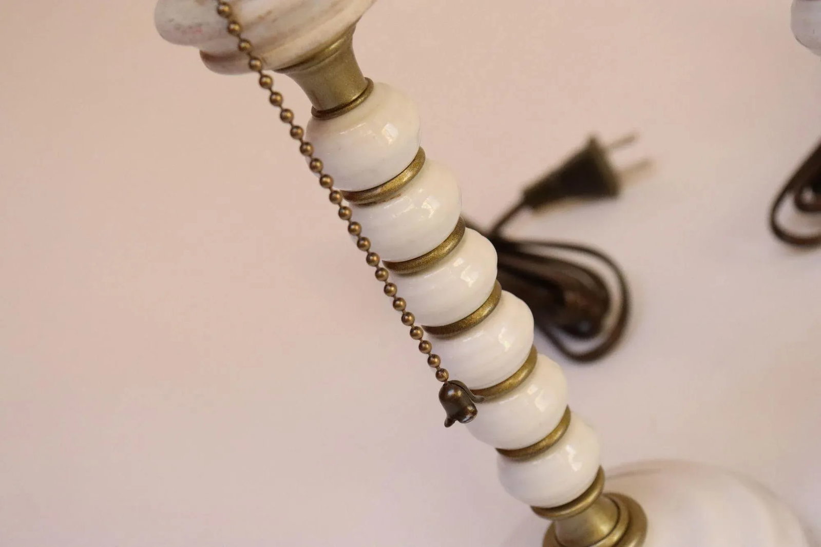 Pair of Vintage Stacked Bobbin Form Porcelain and Brass Boudoir / Bedside Lamps - 15