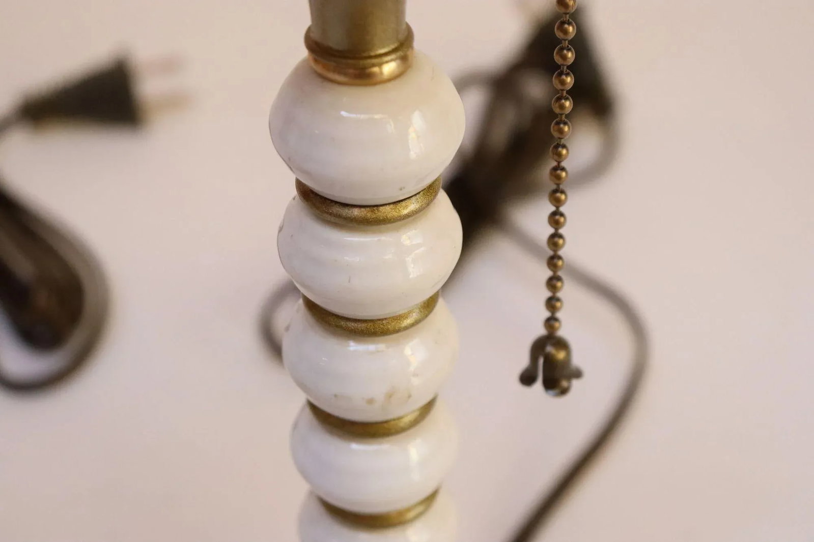 Pair of Vintage Stacked Bobbin Form Porcelain and Brass Boudoir / Bedside Lamps - 7