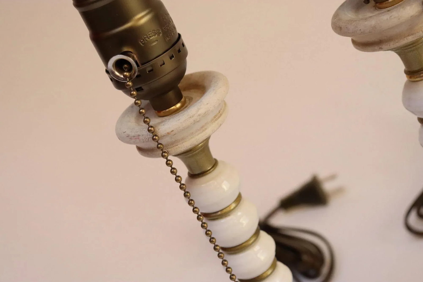 Pair of Vintage Stacked Bobbin Form Porcelain and Brass Boudoir / Bedside Lamps - 9