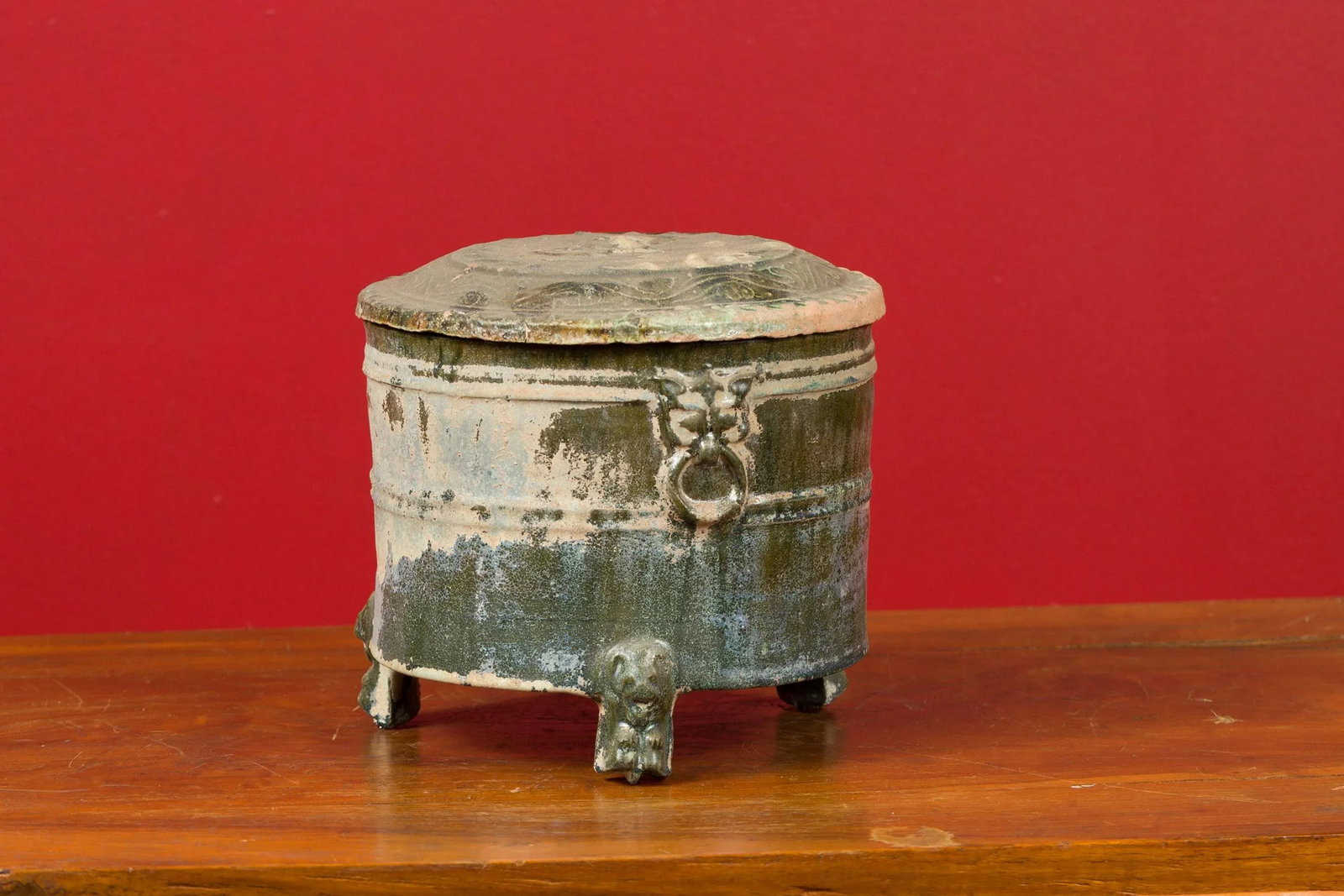202 BC Chinese Han Dynasty Glazed Terracotta Lidded Vessel with Feet - 12