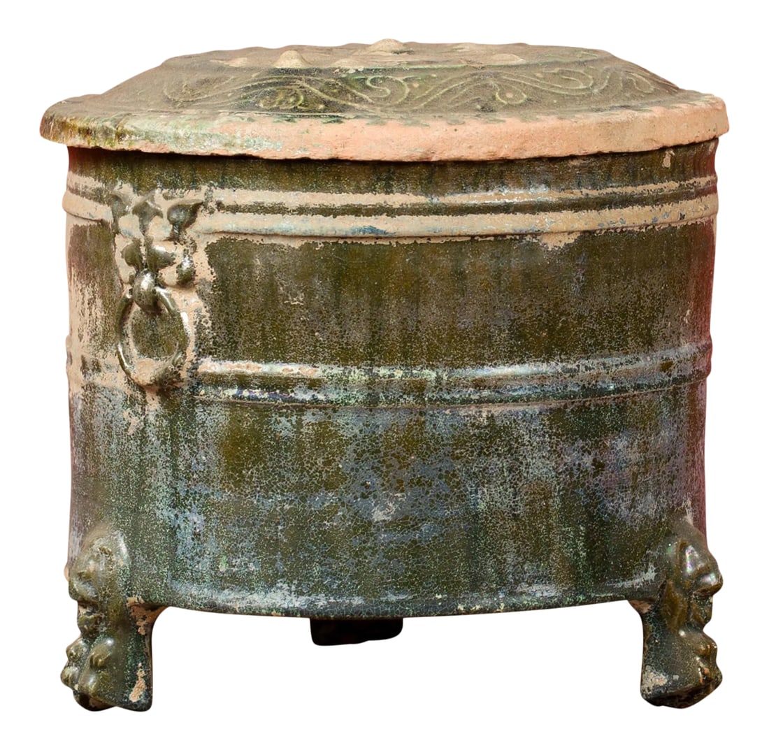 202 BC Chinese Han Dynasty Glazed Terracotta Lidded Vessel with Feet: A Chinese Han Dynasty period glazed terracotta lidded vessel, circa 202 BC-200 AD. Created in China during the prestigious Han dynasty, this small vessel features a circular lid adorned with
