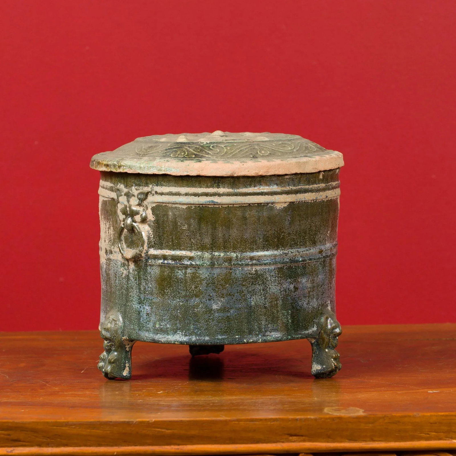 202 BC Chinese Han Dynasty Glazed Terracotta Lidded Vessel with Feet - 2