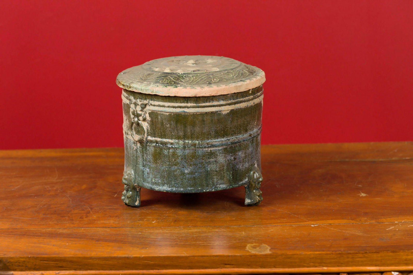 202 BC Chinese Han Dynasty Glazed Terracotta Lidded Vessel with Feet - 6