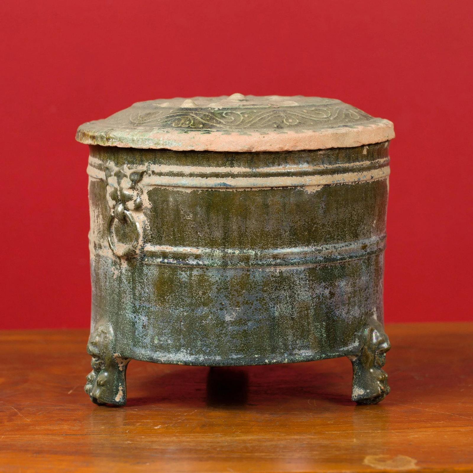 202 BC Chinese Han Dynasty Glazed Terracotta Lidded Vessel with Feet - 7