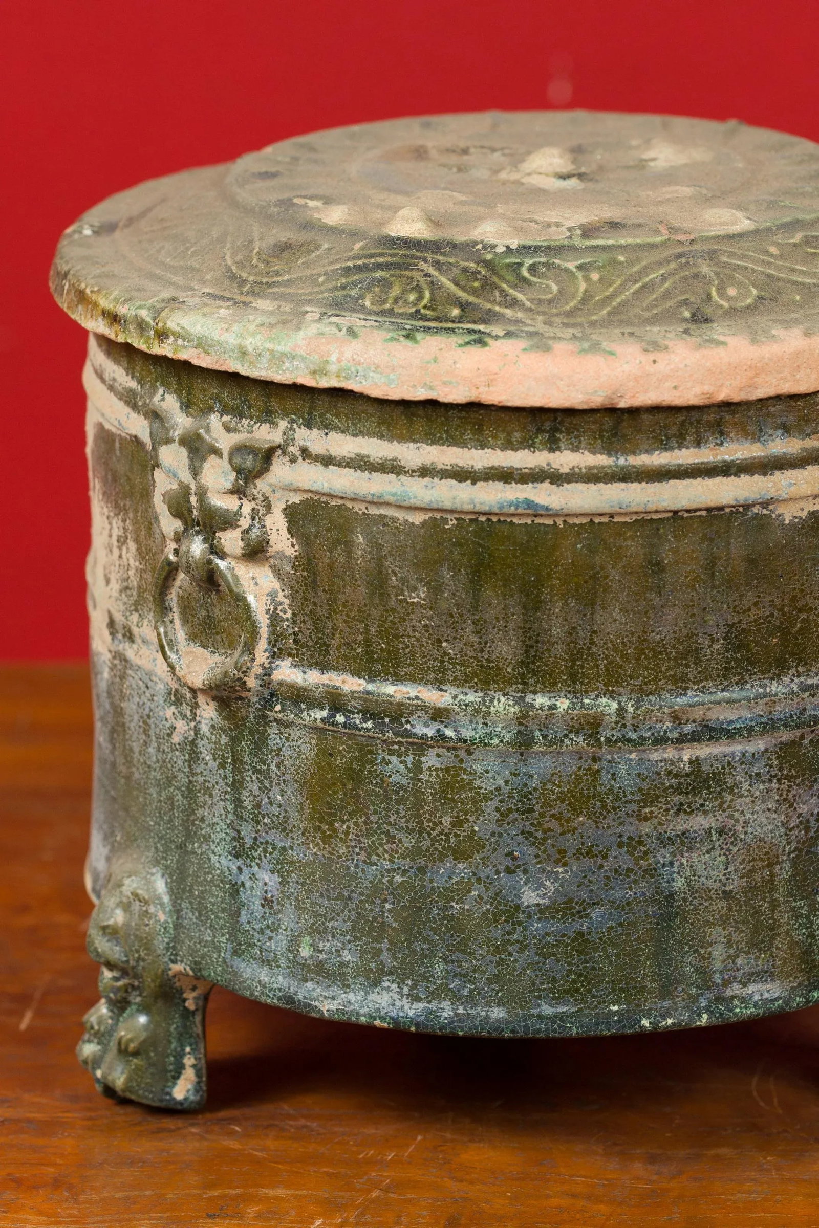 202 BC Chinese Han Dynasty Glazed Terracotta Lidded Vessel with Feet - 9
