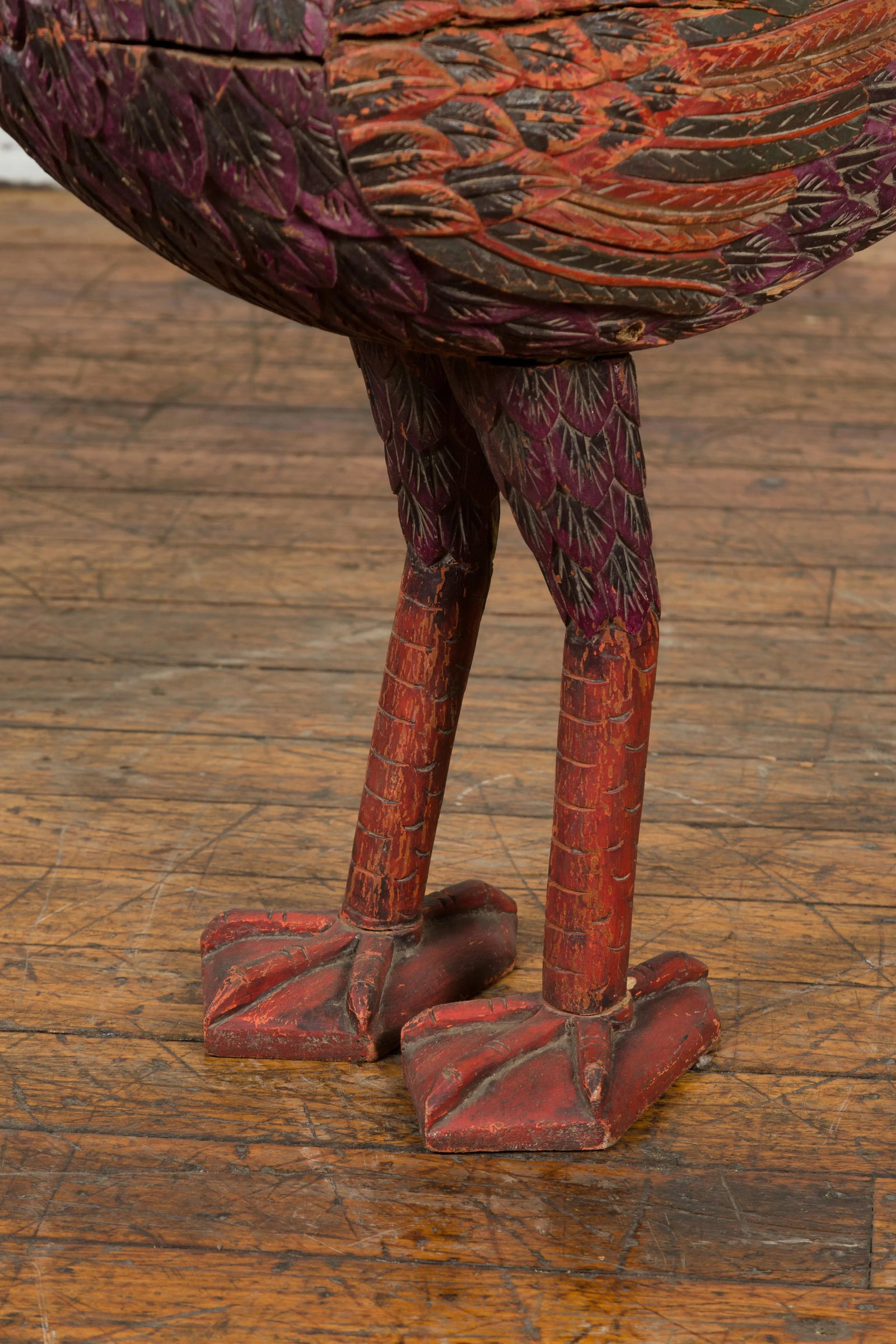 Indonesian Hand Carved Heron Sculpture with Purple, Orange and Black Tones - 10