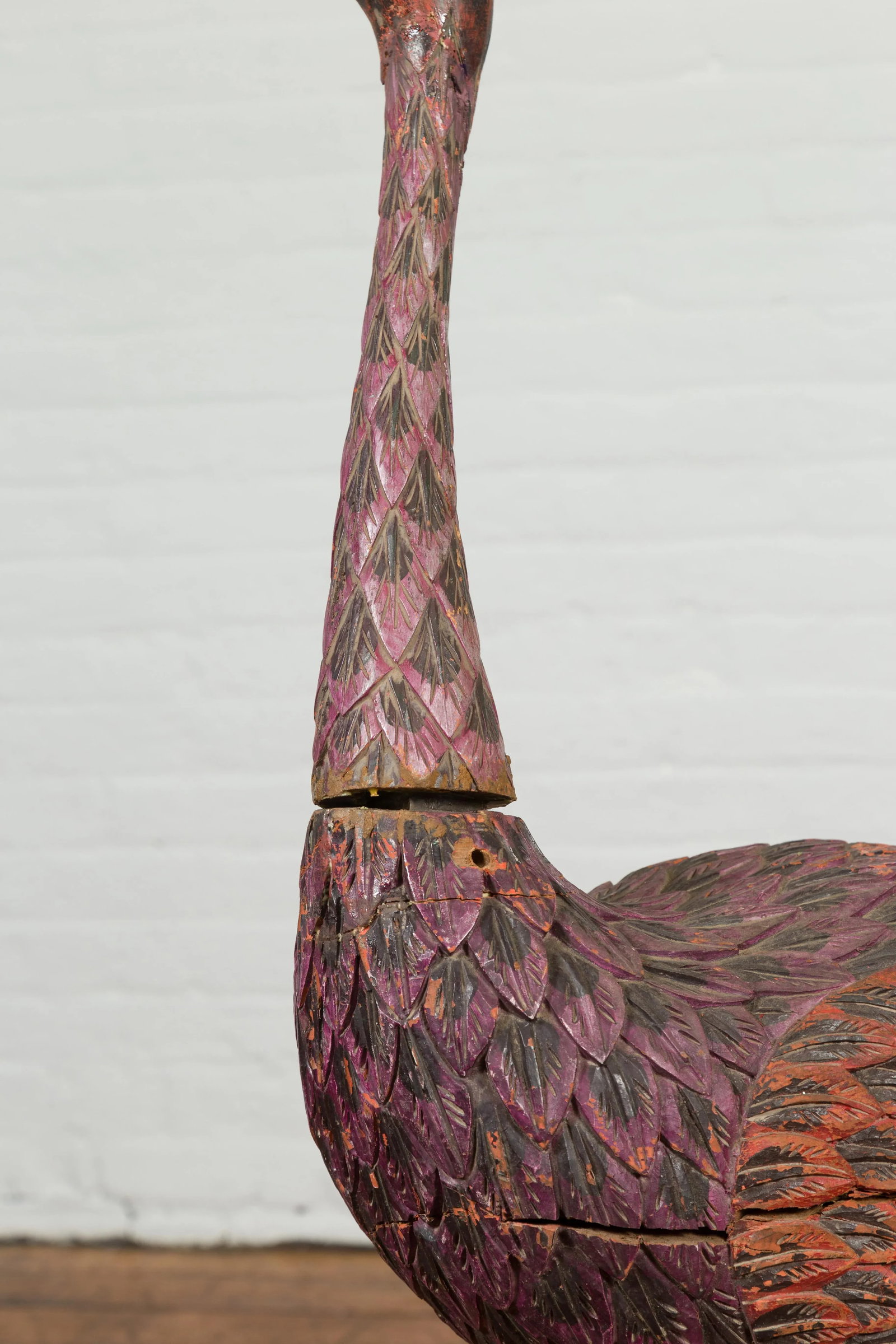 Indonesian Hand Carved Heron Sculpture with Purple, Orange and Black Tones - 11