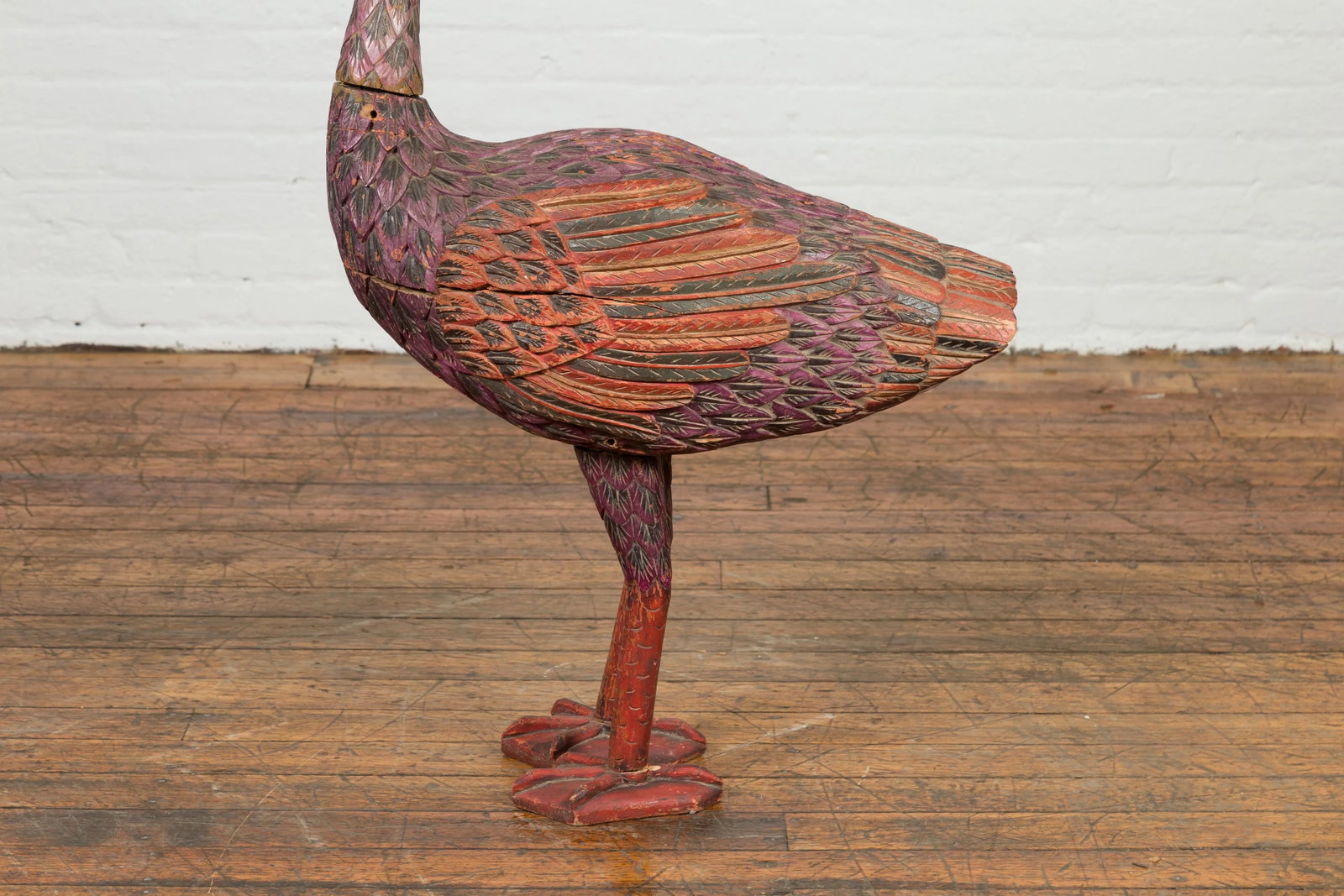 Indonesian Hand Carved Heron Sculpture with Purple, Orange and Black Tones - 12