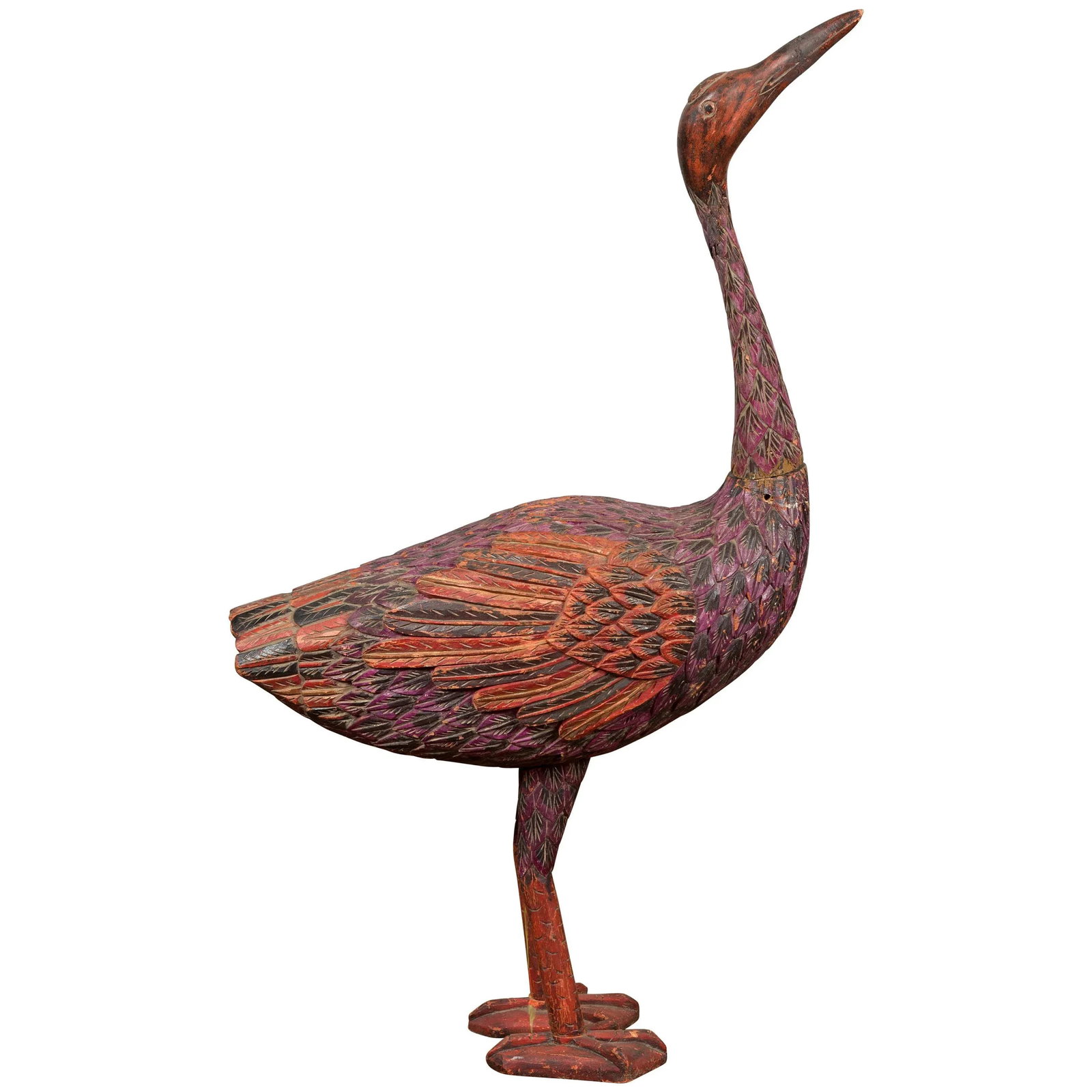 Indonesian Hand Carved Heron Sculpture with Purple, Orange and Black Tones - 13