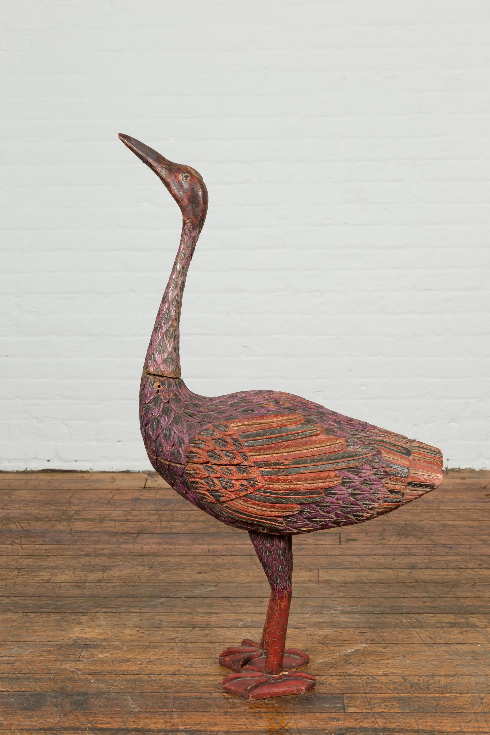 Indonesian Hand Carved Heron Sculpture with Purple, Orange and Black Tones - 2