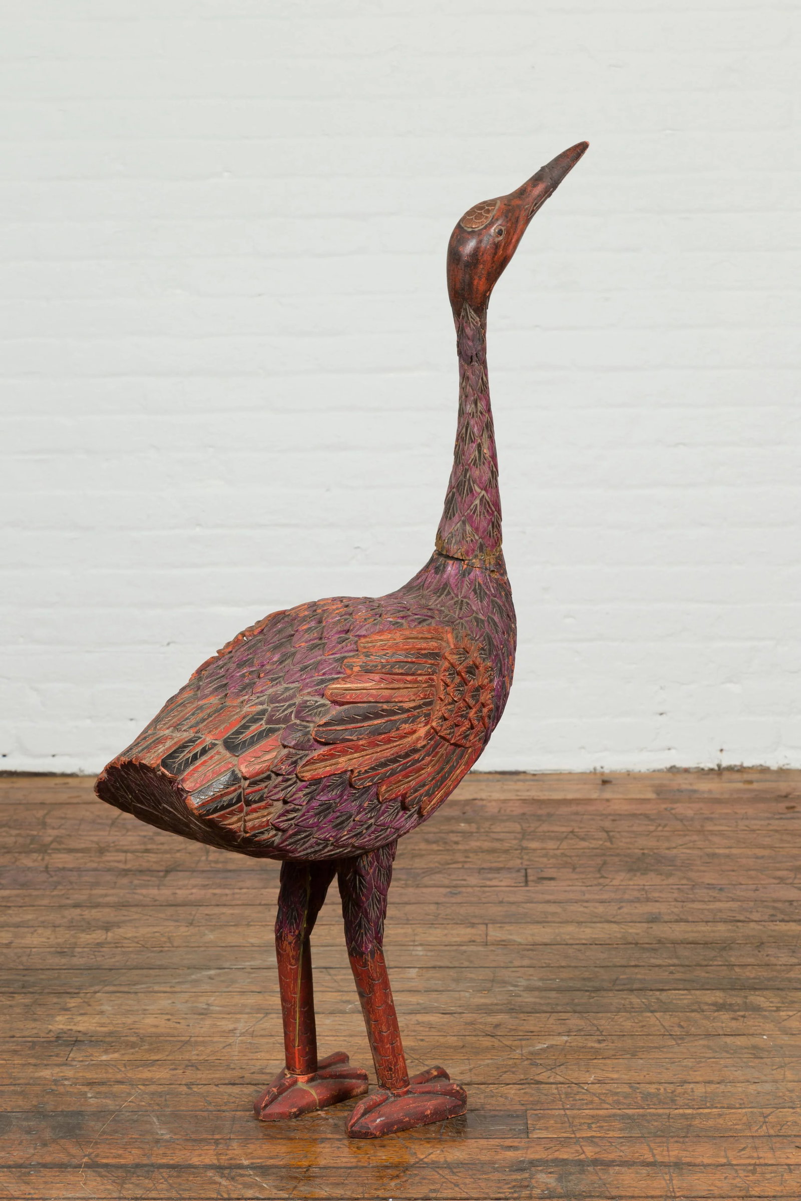 Indonesian Hand Carved Heron Sculpture with Purple, Orange and Black Tones - 3