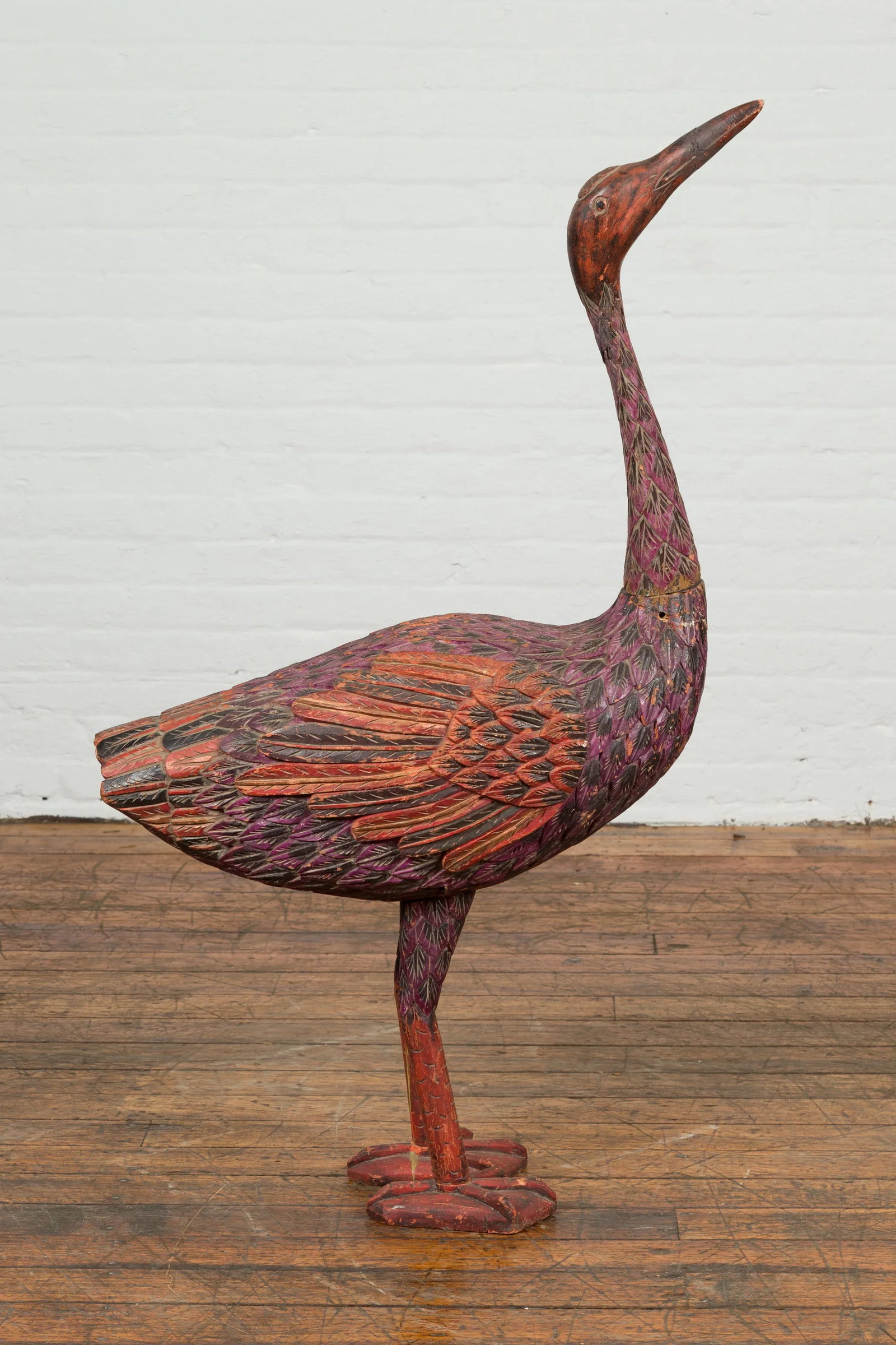 Indonesian Hand Carved Heron Sculpture with Purple, Orange and Black Tones - 4